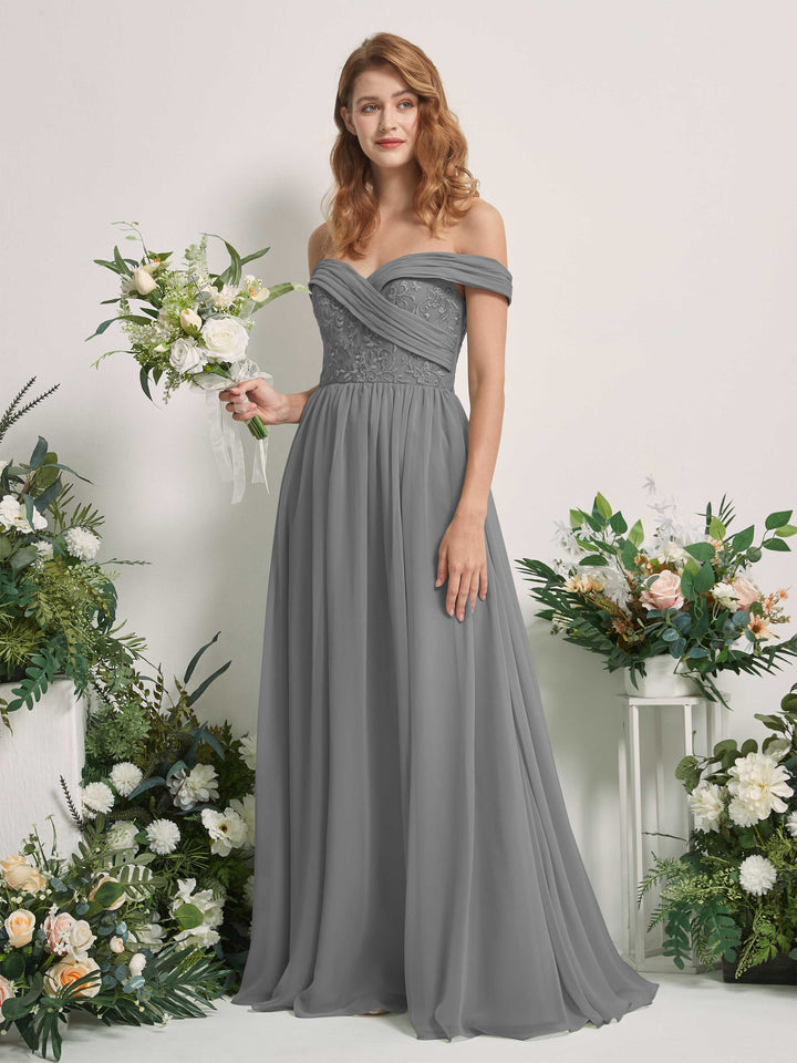 Steel Gray Bridesmaid Dresses Ball Gown Off Shoulder Sleeveless Chiffon Dresses (83220420)