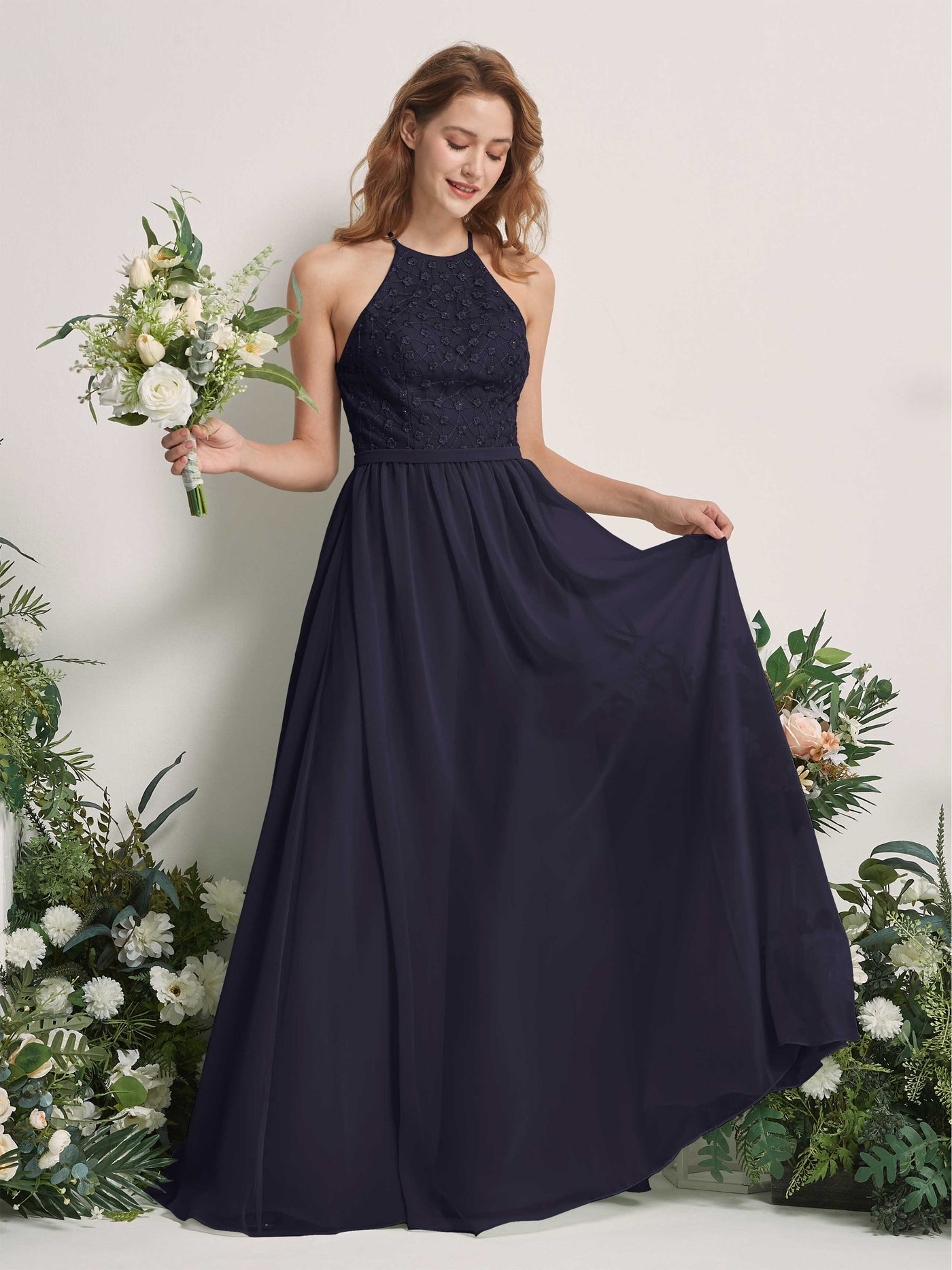 Dark Navy Bridesmaid Dresses A-line Halter Sleeveless Chiffon Dresses (83220818)#color_dark-navy