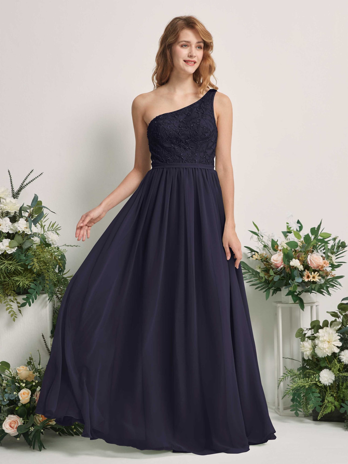 Dark Navy Bridesmaid Dresses A-line Open back One Shoulder Sleeveless Dresses (83220518)#color_dark-navy