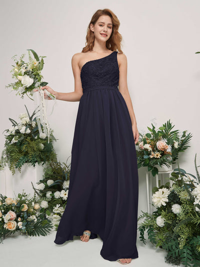 Carlyna Bonita A-Line Dark Navy Embroidered Bridesmaid Dress Maxi Sleeveless One Shoulder Dress Side View 2 #color_dark-navy