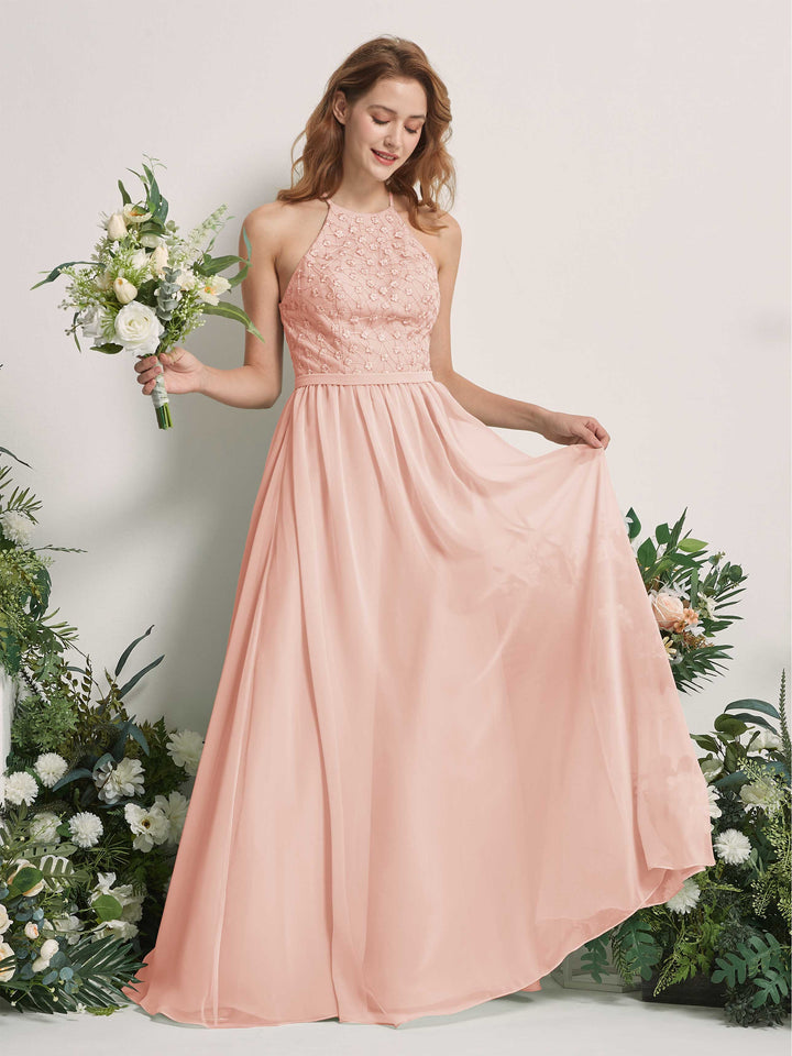 Pearl Pink Bridesmaid Dresses A-line Halter Sleeveless Chiffon Dresses (83220808)