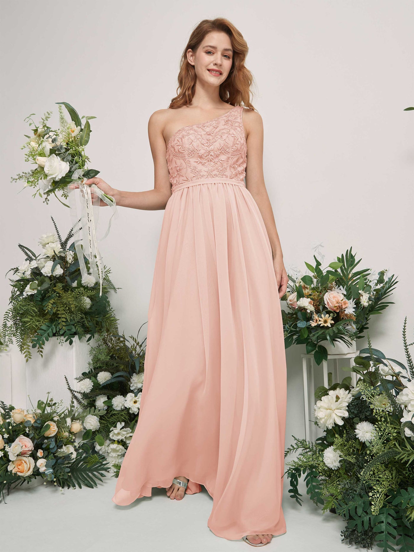 Pearl Pink Bridesmaid Dresses A-line Open back One Shoulder Sleeveless Dresses (83220508)#color_pearl-pink