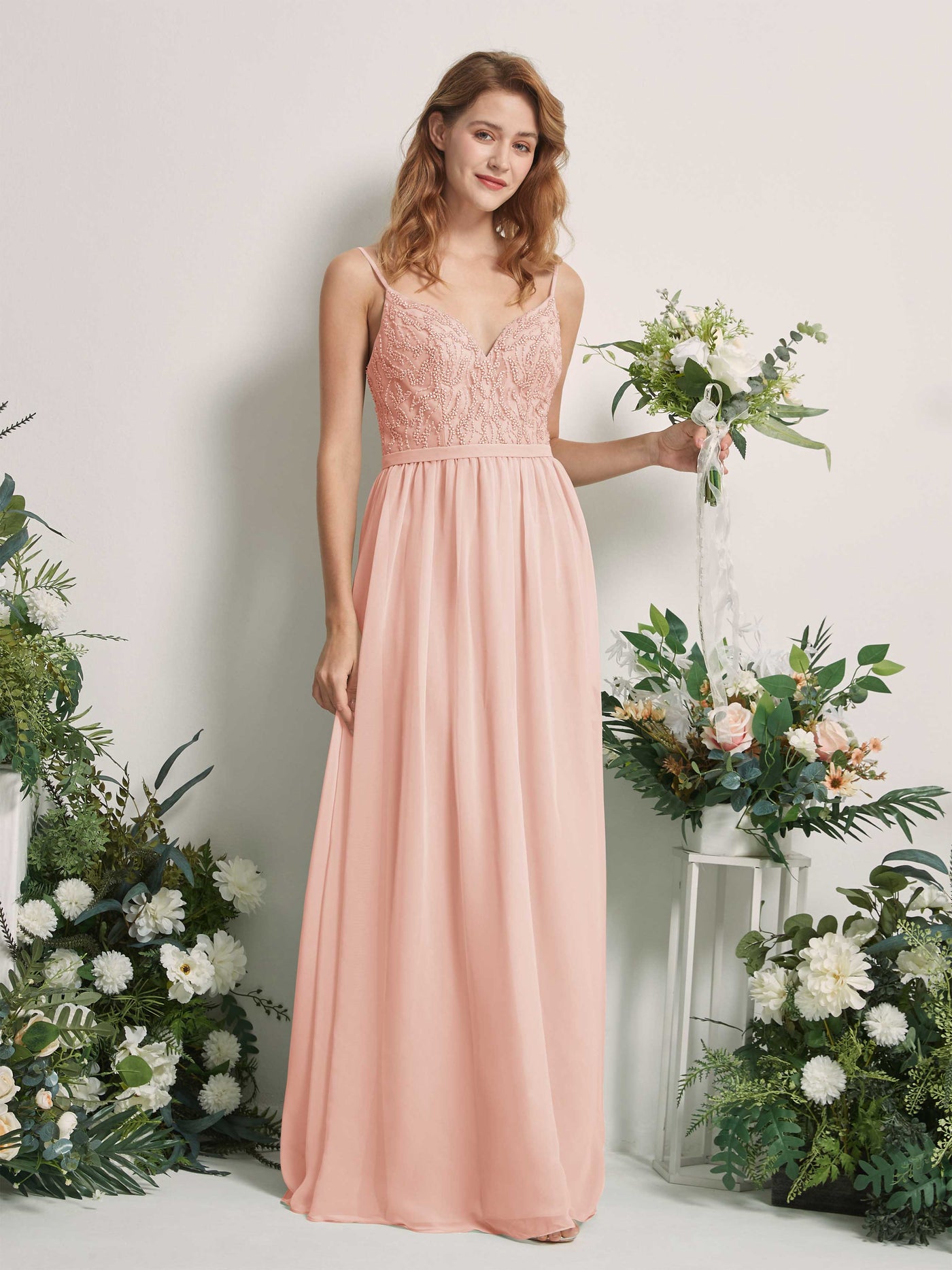 Candy Pink Chiffon V-Neck Bridesmaid Dress A-Line Floor-Length | Carlyna Candy Pink Chiffon V-Neck Bridesmaid Dress A-Line Floor-Length | Carlyna