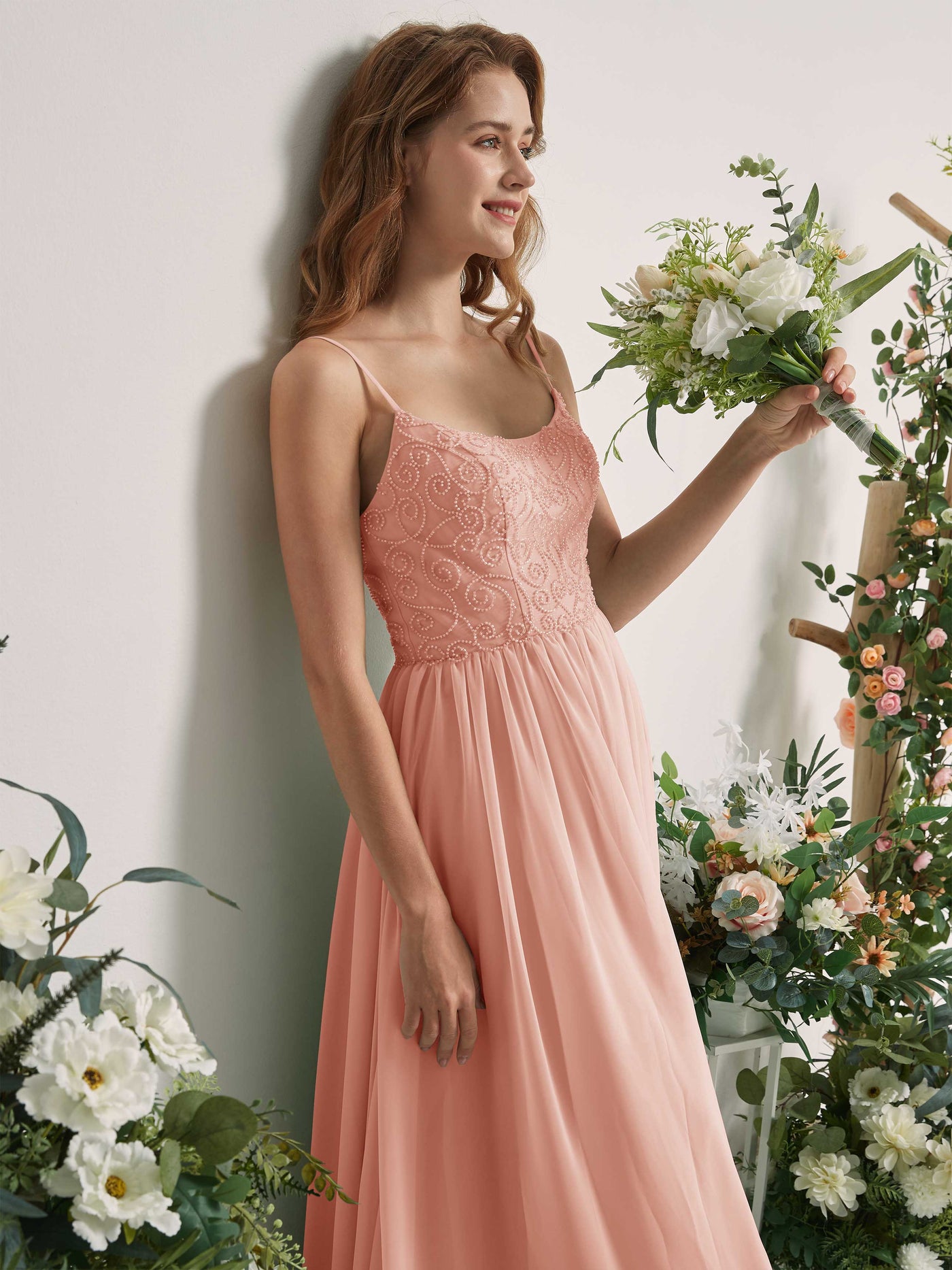 Coral Pink Chiffon Bridesmaid Dress A-Line Floor-Length