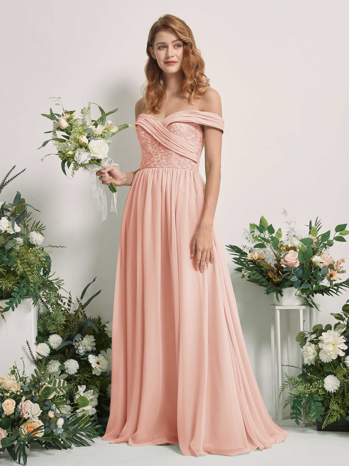 Pearl Pink Bridesmaid Dresses Ball Gown Off Shoulder Sleeveless Chiffon Dresses (83220408)