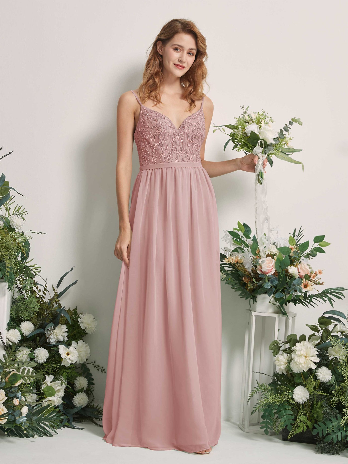 Coral Pink Chiffon Bridesmaid Dress A-Line Maxi V-Neck | Carlyna Coral Pink Chiffon Bridesmaid Dress A-Line Maxi V-Neck | Carlyna