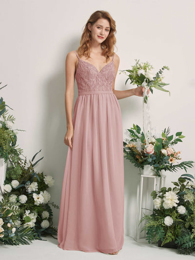 Carlyna Alexandra A-Line Dusty Rose Beaded Bridesmaid Dress Maxi Sleeveless V-Neck Dress Front View #color_dusty-rose