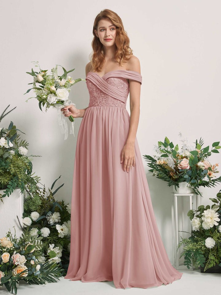 Dusty Rose Bridesmaid Dresses Ball Gown Off Shoulder Sleeveless Chiffon Dresses (83220409)
