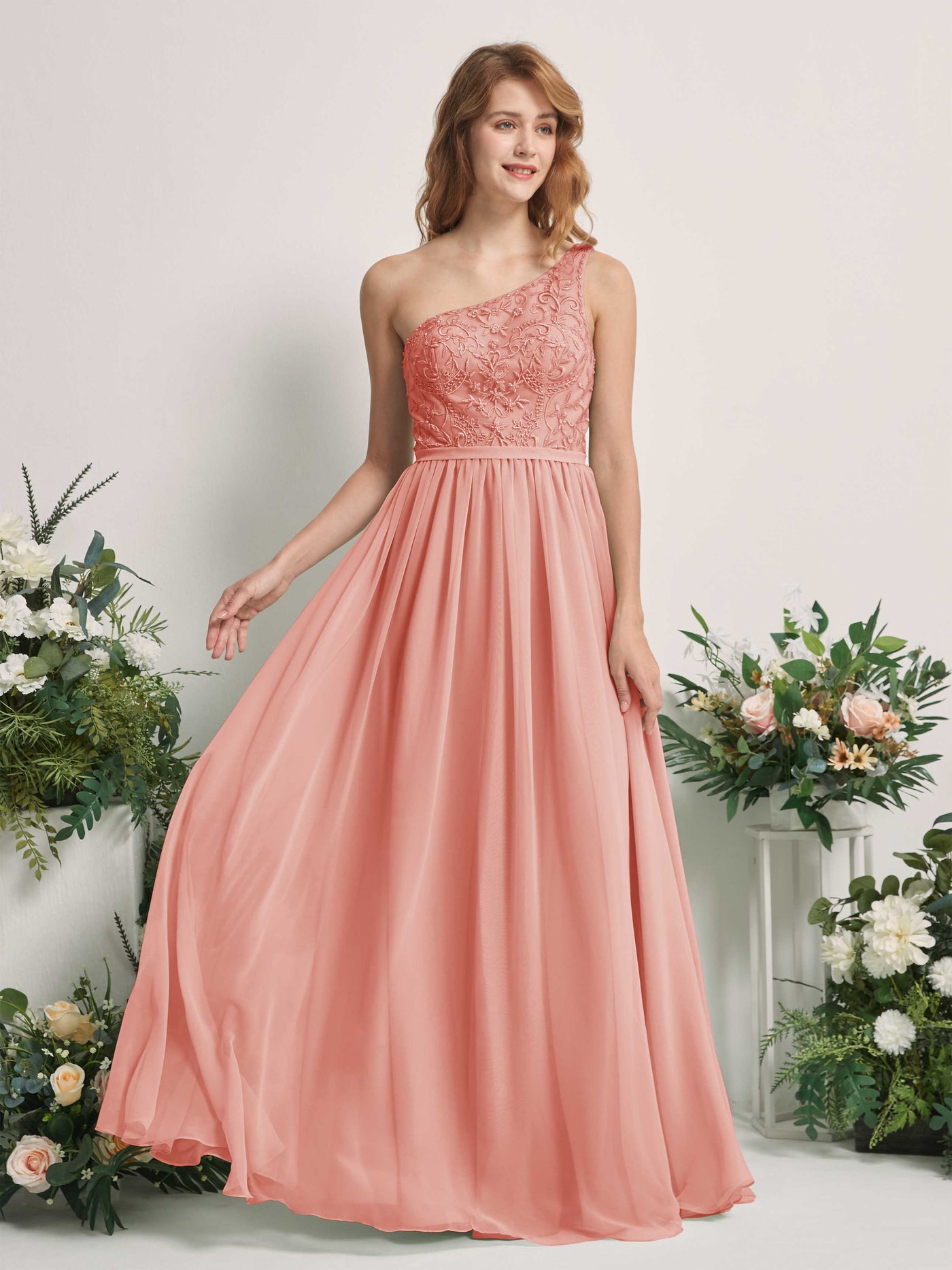 Champagne Rose Bridesmaid Dresses A-line Open back One Shoulder Sleeveless Dresses (83220506)#color_champagne-rose