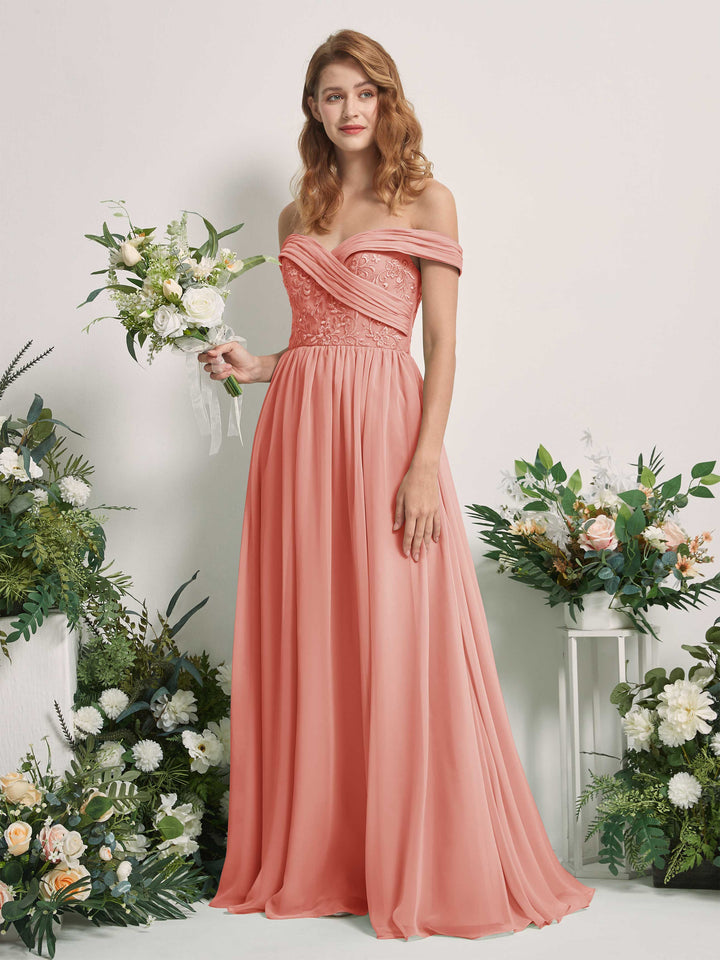 Champagne Rose Bridesmaid Dresses Ball Gown Off Shoulder Sleeveless Chiffon Dresses (83220406)