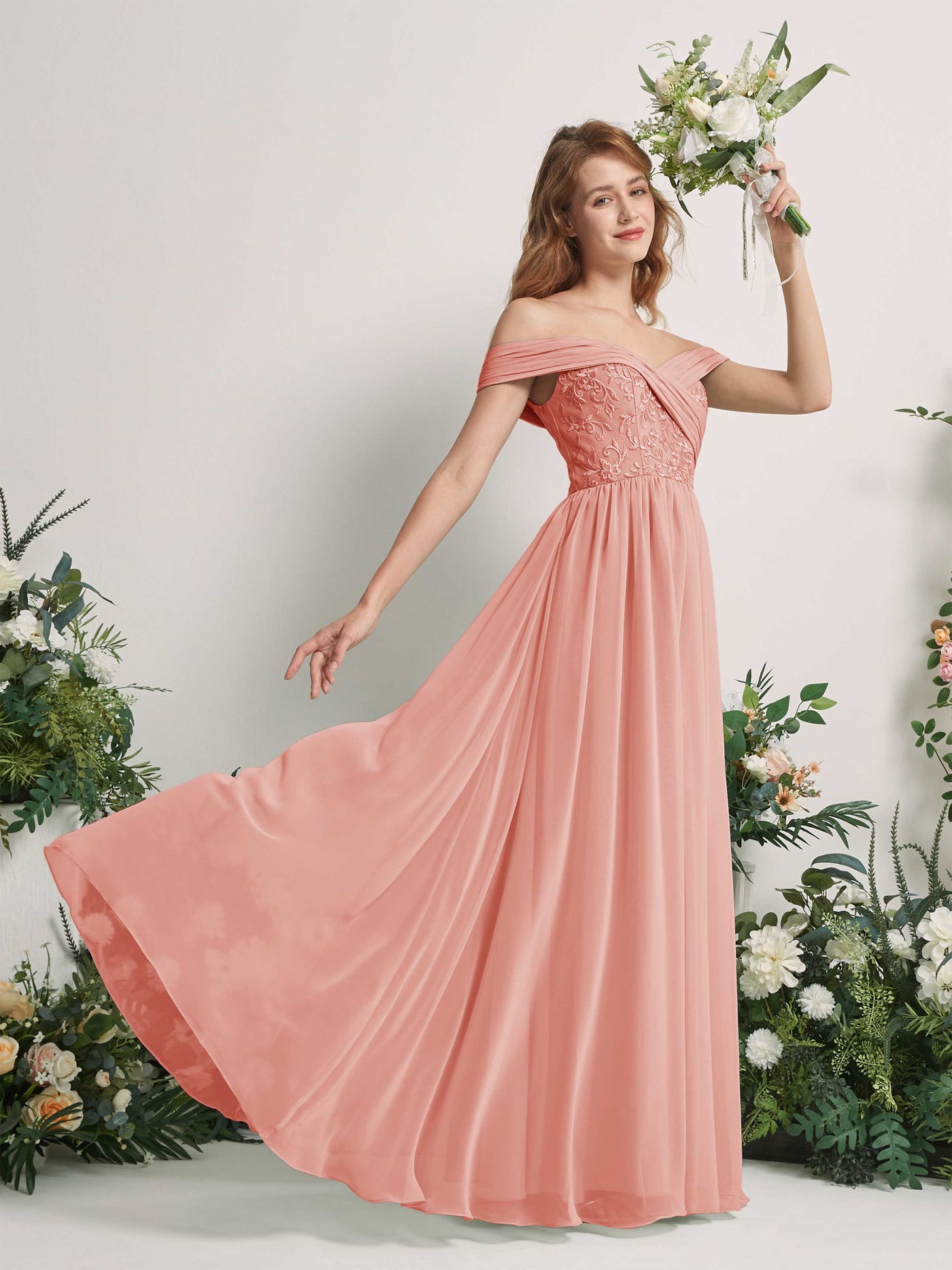 Champagne Rose Bridesmaid Dresses Ball Gown Off Shoulder Sleeveless Chiffon Dresses (83220406)#color_champagne-rose