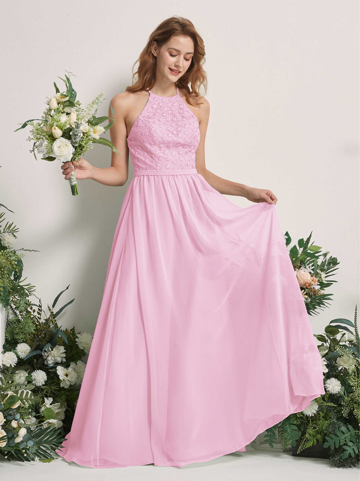 Candy Pink Bridesmaid Dresses A-line Halter Sleeveless Chiffon Dresses (83220839)