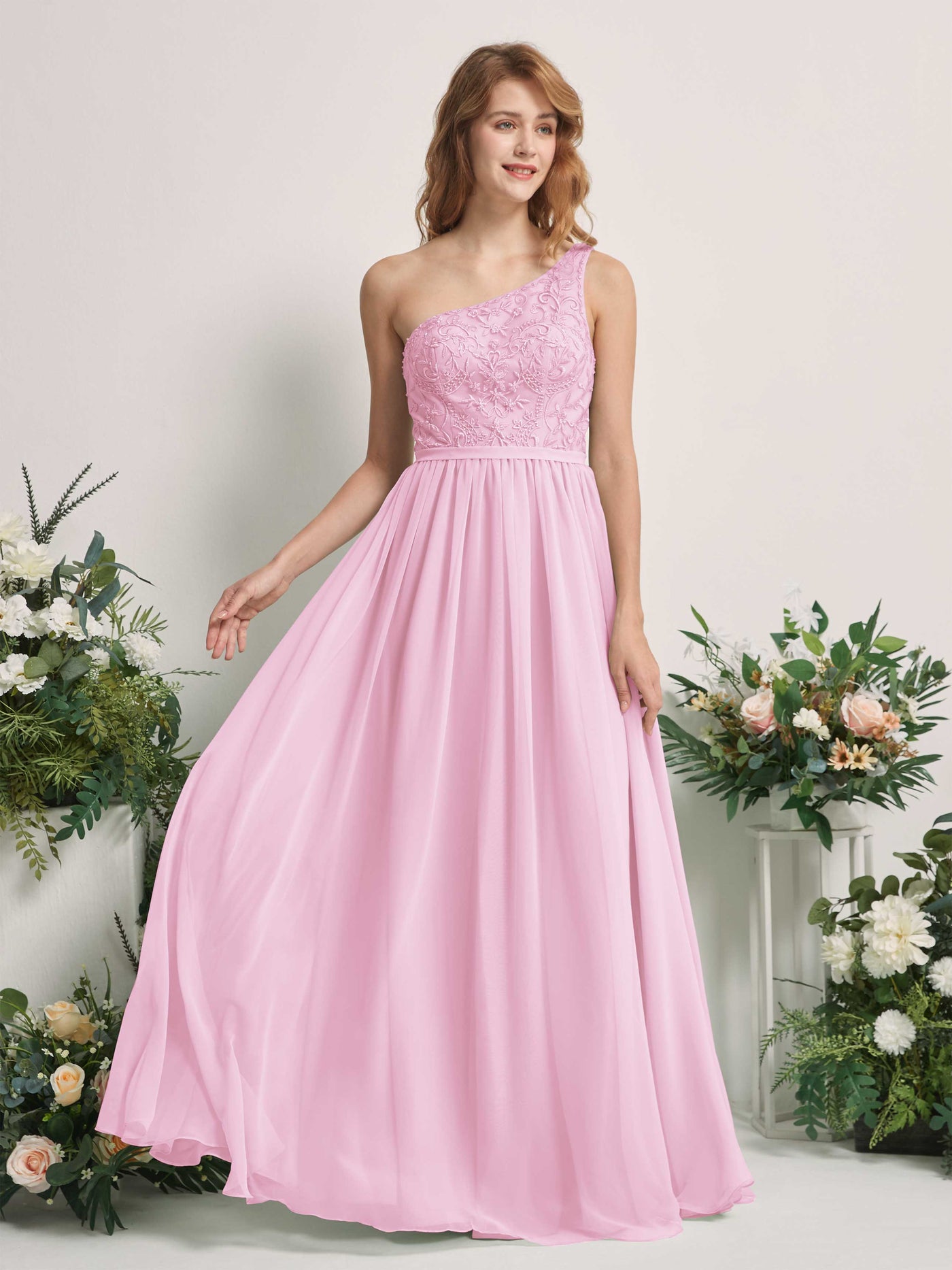 Candy Pink Bridesmaid Dresses A-line Open back One Shoulder Sleeveless Dresses (83220539)#color_candy-pink