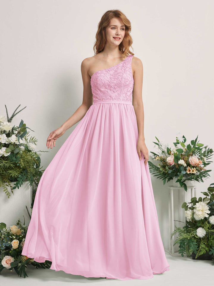 Candy Pink Bridesmaid Dresses A-line Open back One Shoulder Sleeveless Dresses (83220539)