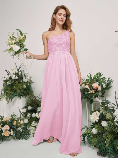 Carlyna Bonita A-Line Candy Pink Embroidered Bridesmaid Dress Maxi Sleeveless One Shoulder Dress Side View 2 #color_candy-pink