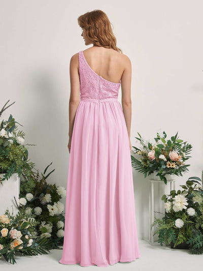 Carlyna Bonita A-Line Candy Pink Embroidered Bridesmaid Dress Maxi Sleeveless One Shoulder Dress Back View #color_candy-pink