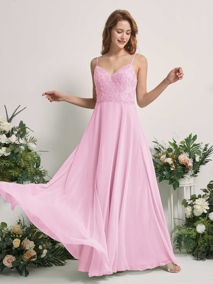 Candy Pink Bridesmaid Dresses A-line Open back Spaghetti-straps Sleeveless Dresses (83221139)