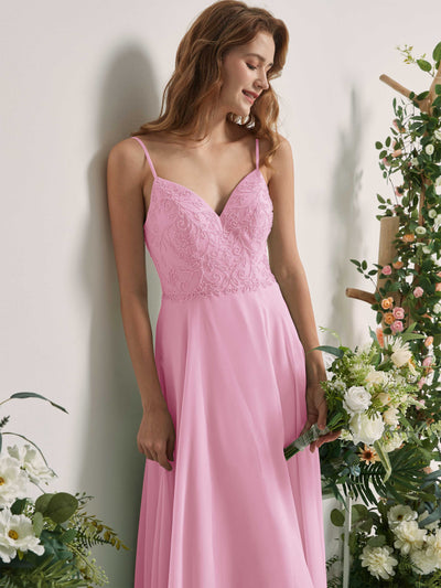 Carlyna Gail A-Line Candy Pink Beaded Bridesmaid Dress Maxi Sleeveless V-Neck Dress Side View 3 #color_candy-pink