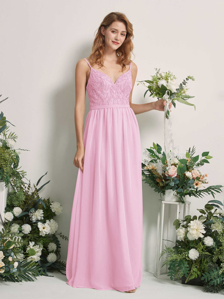 Candy Pink Bridesmaid Dresses A-line Spaghetti-straps Sleeveless Chiffon Dresses (81226539)