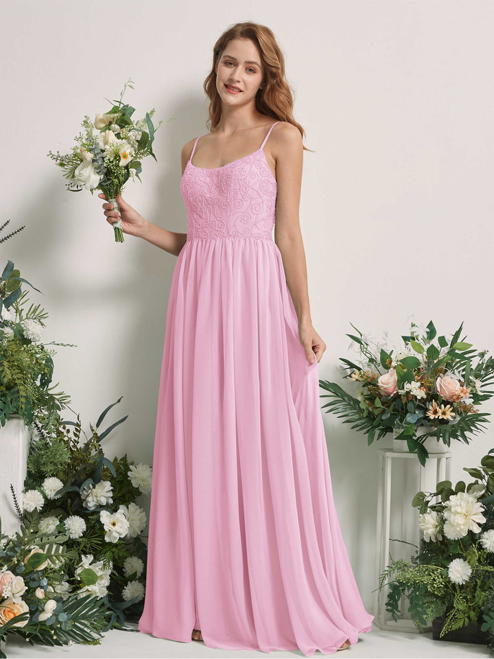 Candy Pink Bridesmaid Dresses A-line Spaghetti-straps Sleeveless Chiffon Dresses (83221239)
