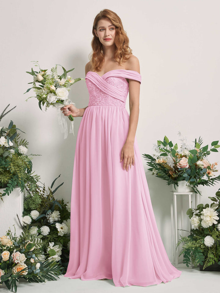 Candy Pink Bridesmaid Dresses Ball Gown Off Shoulder Sleeveless Chiffon Dresses (83220439)