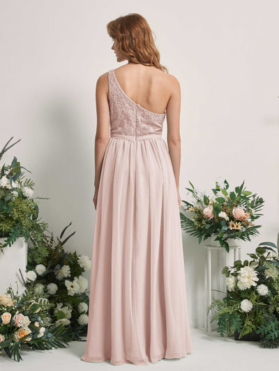 Carlyna Bonita A-Line Biscotti Embroidered Bridesmaid Dress Maxi Sleeveless One Shoulder Dress Back View #color_biscotti