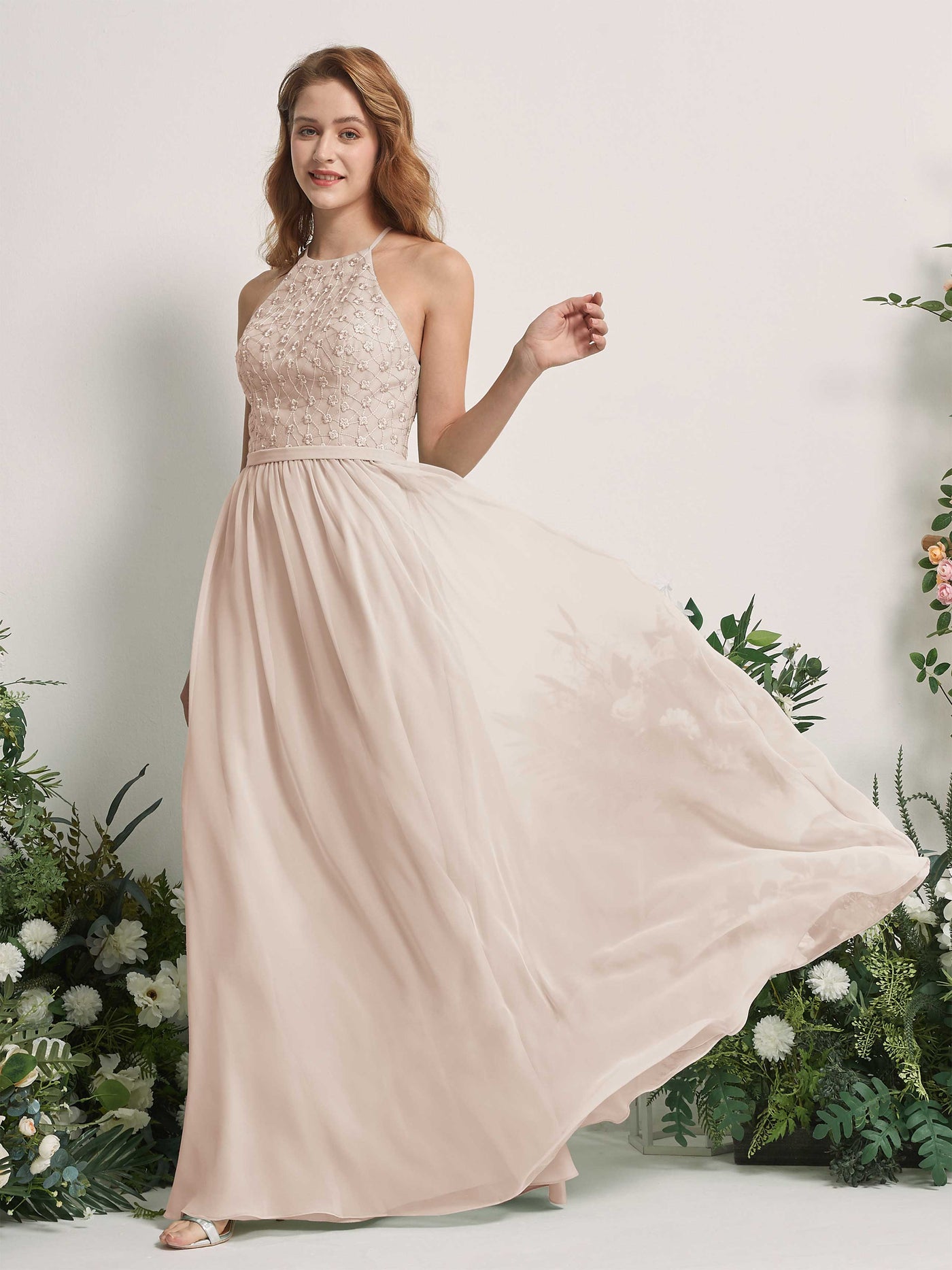 Champagne Bridesmaid Dresses A-line Halter Sleeveless Chiffon Dresses (83220816)#color_champagne