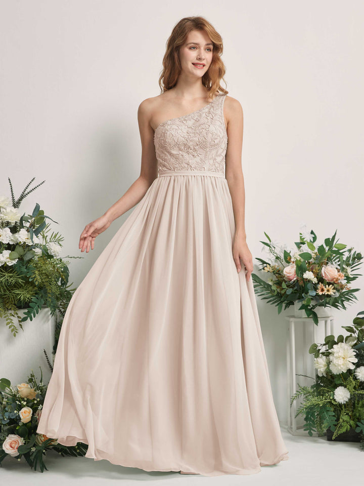 Champagne Bridesmaid Dresses A-line Open back One Shoulder Sleeveless Dresses (83220516)