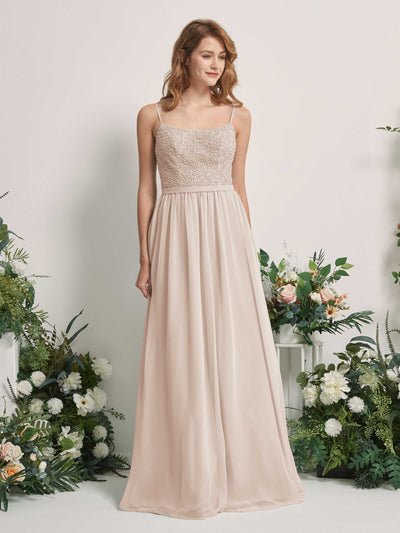 Carlyna Ursula A-Line Champagne Beaded Bridesmaid Dress Maxi Sleeveless Sweetheart Dress Front View #color_champagne
