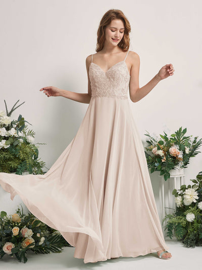 Carlyna Gail A-Line Champagne Beaded Bridesmaid Dress Maxi Sleeveless V-Neck Dress Front View #color_champagne