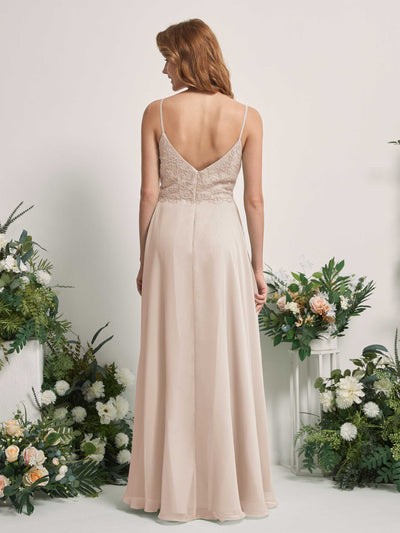 Carlyna Gail A-Line Champagne Beaded Bridesmaid Dress Maxi Sleeveless V-Neck Dress Back View #color_champagne