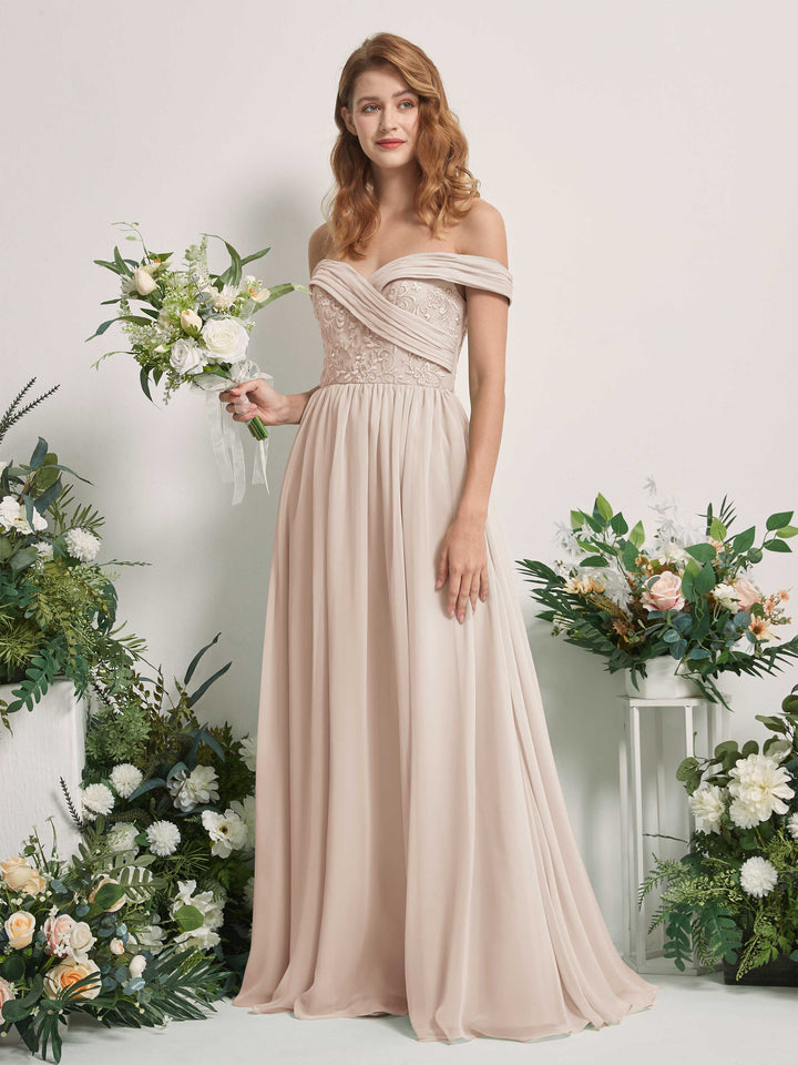 Champagne Bridesmaid Dresses Ball Gown Off Shoulder Sleeveless Chiffon Dresses (83220416)
