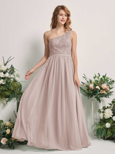 Carlyna Bonita A-Line Taupe Embroidered Bridesmaid Dress Maxi Sleeveless One Shoulder Dress Front View #color_taupe