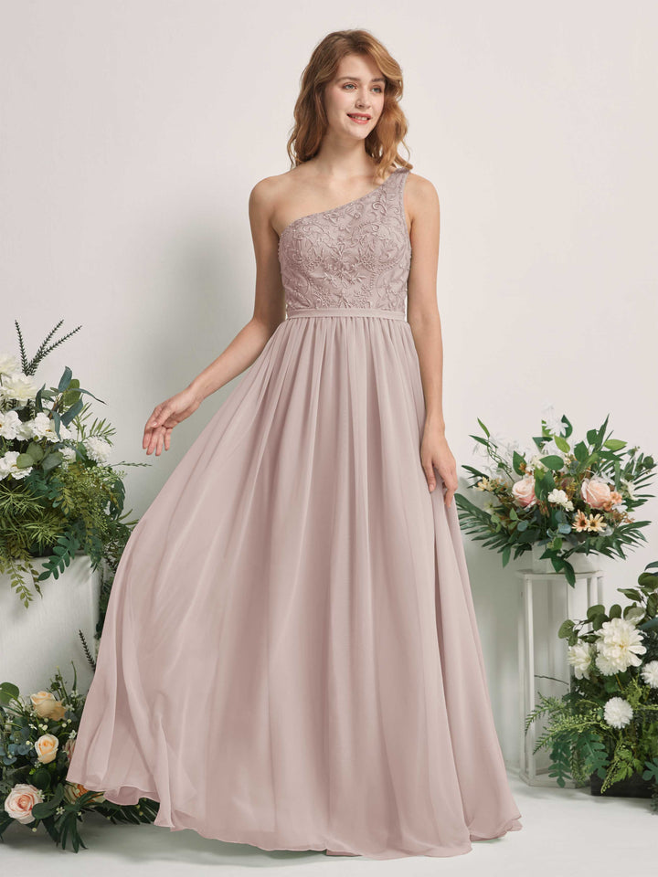 Taupe Bridesmaid Dresses A-line Open back One Shoulder Sleeveless Dresses (83220524)