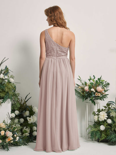 Carlyna Bonita A-Line Taupe Embroidered Bridesmaid Dress Maxi Sleeveless One Shoulder Dress Back View #color_taupe