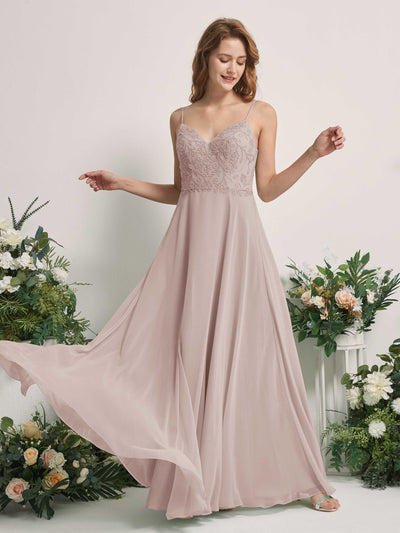 Carlyna Gail A-Line Taupe Beaded Bridesmaid Dress Maxi Sleeveless V-Neck Dress Front View #color_taupe