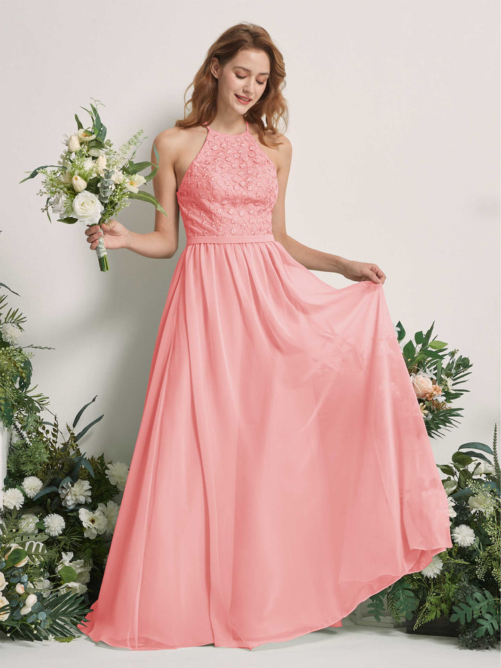 Ballet Pink Bridesmaid Dresses A-line Halter Sleeveless Chiffon Dresses (83220840)
