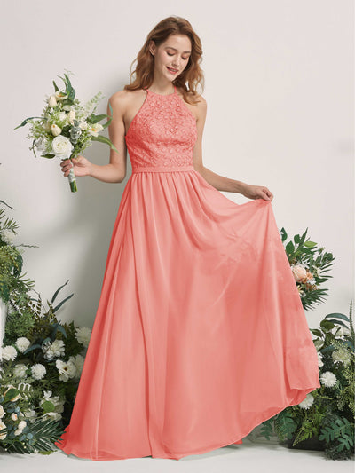 Carlyna Denise A-Line Peach Pink Embroidered Bridesmaid Dress Maxi Sleeveless Round Neck Dress Front View #color_peach-pink