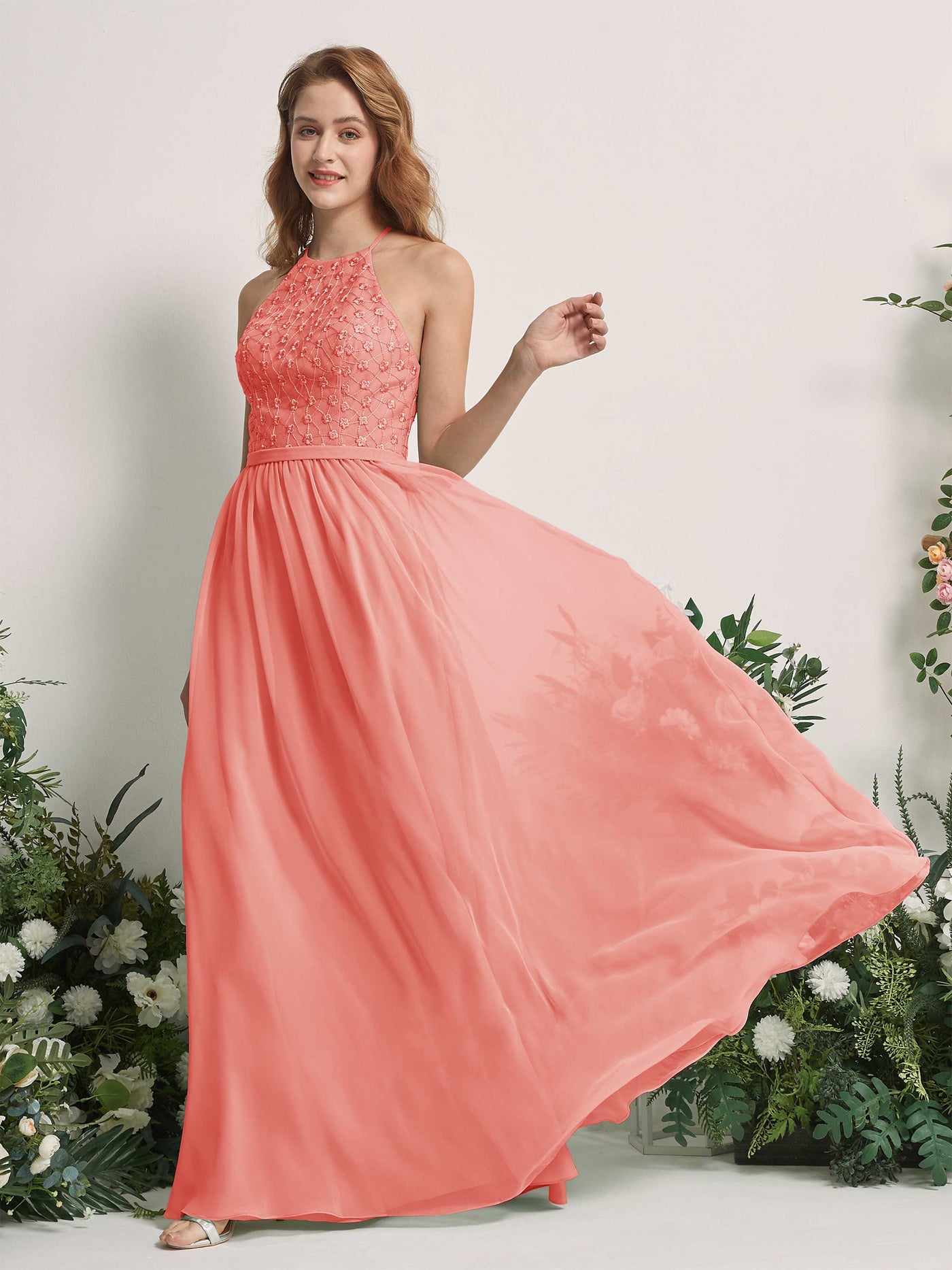 Peach Pink Bridesmaid Dresses A-line Halter Sleeveless Chiffon Dresses (83220829)#color_peach-pink