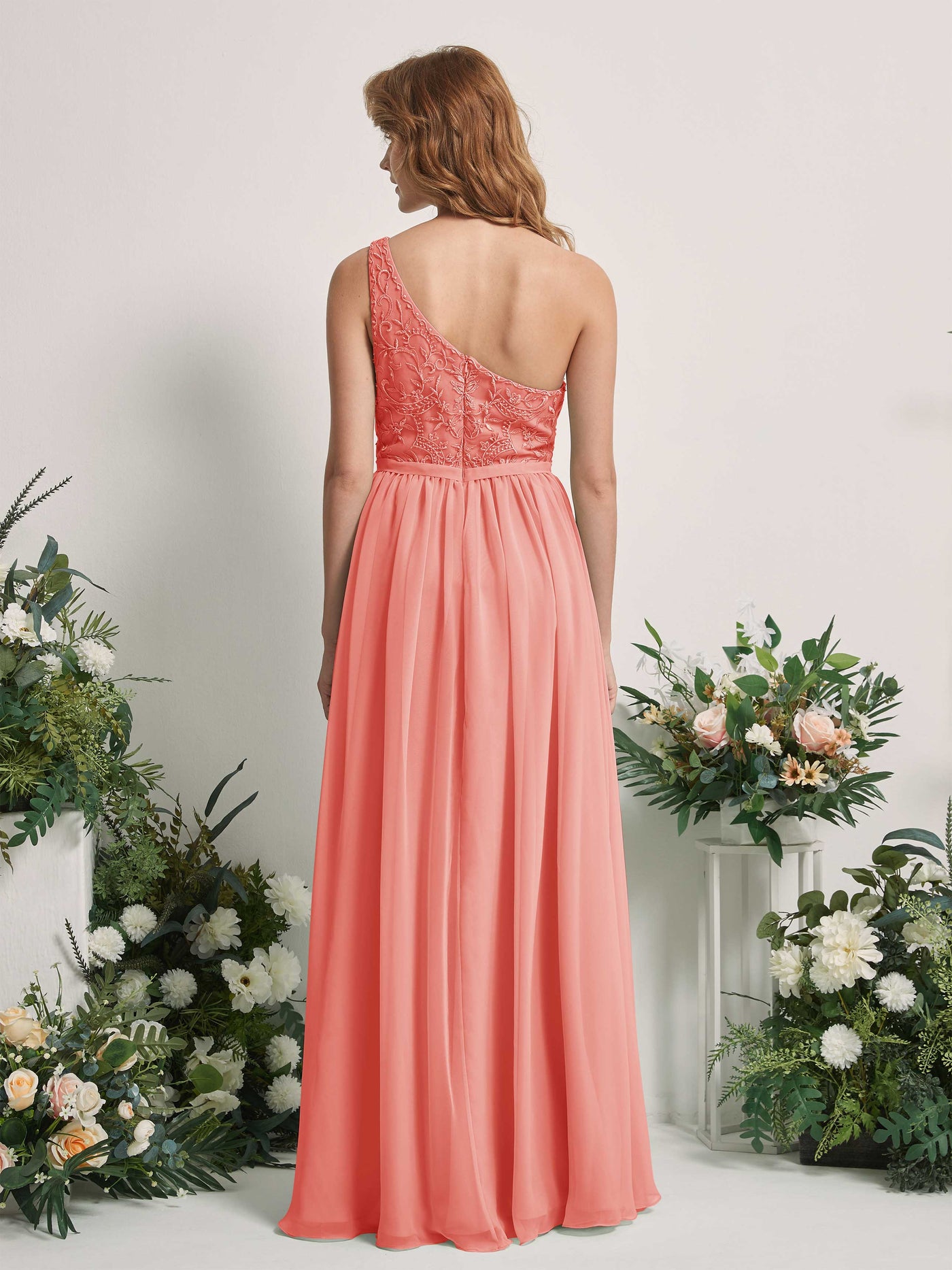 Peach Pink Bridesmaid Dresses A-line Open back One Shoulder Sleeveless Dresses (83220529)#color_peach-pink