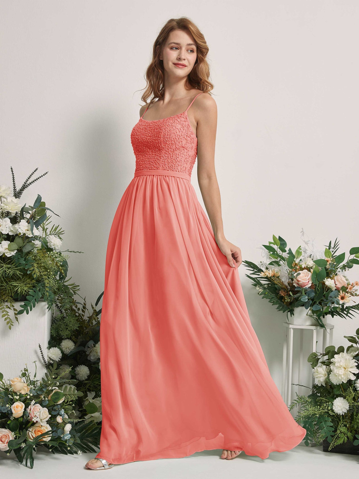Peach Pink Bridesmaid Dresses A-line Open back Spaghetti-straps Sleeveless Dresses (83220129)#color_peach-pink