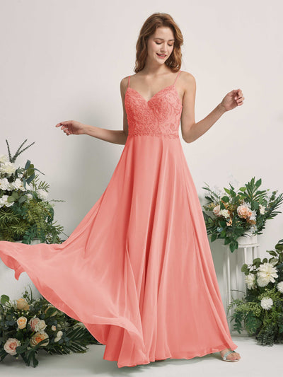 Carlyna Gail A-Line Peach Pink Beaded Bridesmaid Dress Maxi Sleeveless V-Neck Dress Front View #color_peach-pink