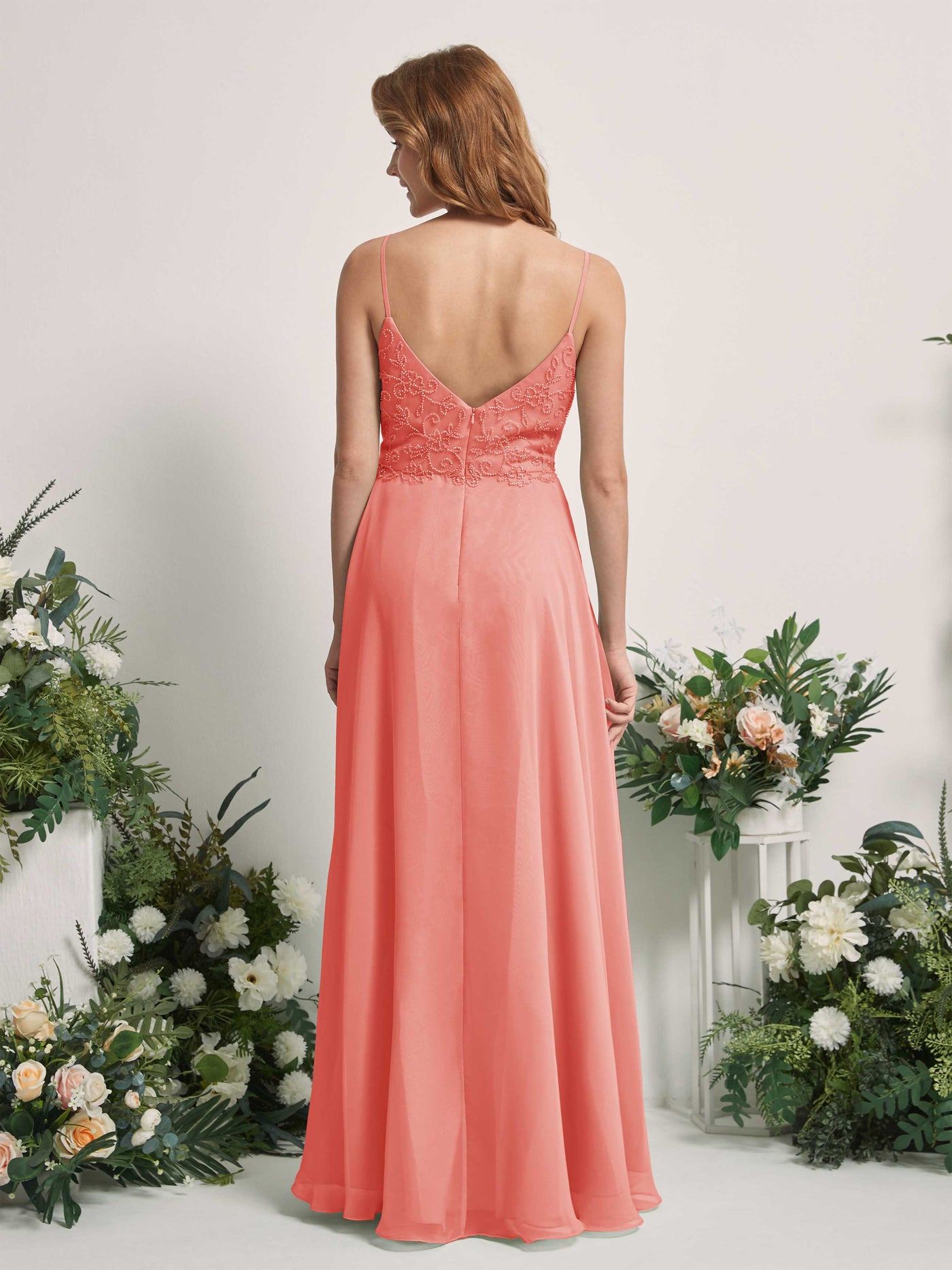 Peach Pink Bridesmaid Dresses A-line Open back Spaghetti-straps Sleeveless Dresses (83221129)#color_peach-pink