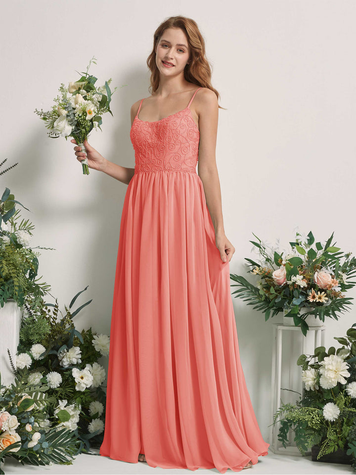 Peach Pink Bridesmaid Dresses A-line Spaghetti-straps Sleeveless Chiffon Dresses (83221229)