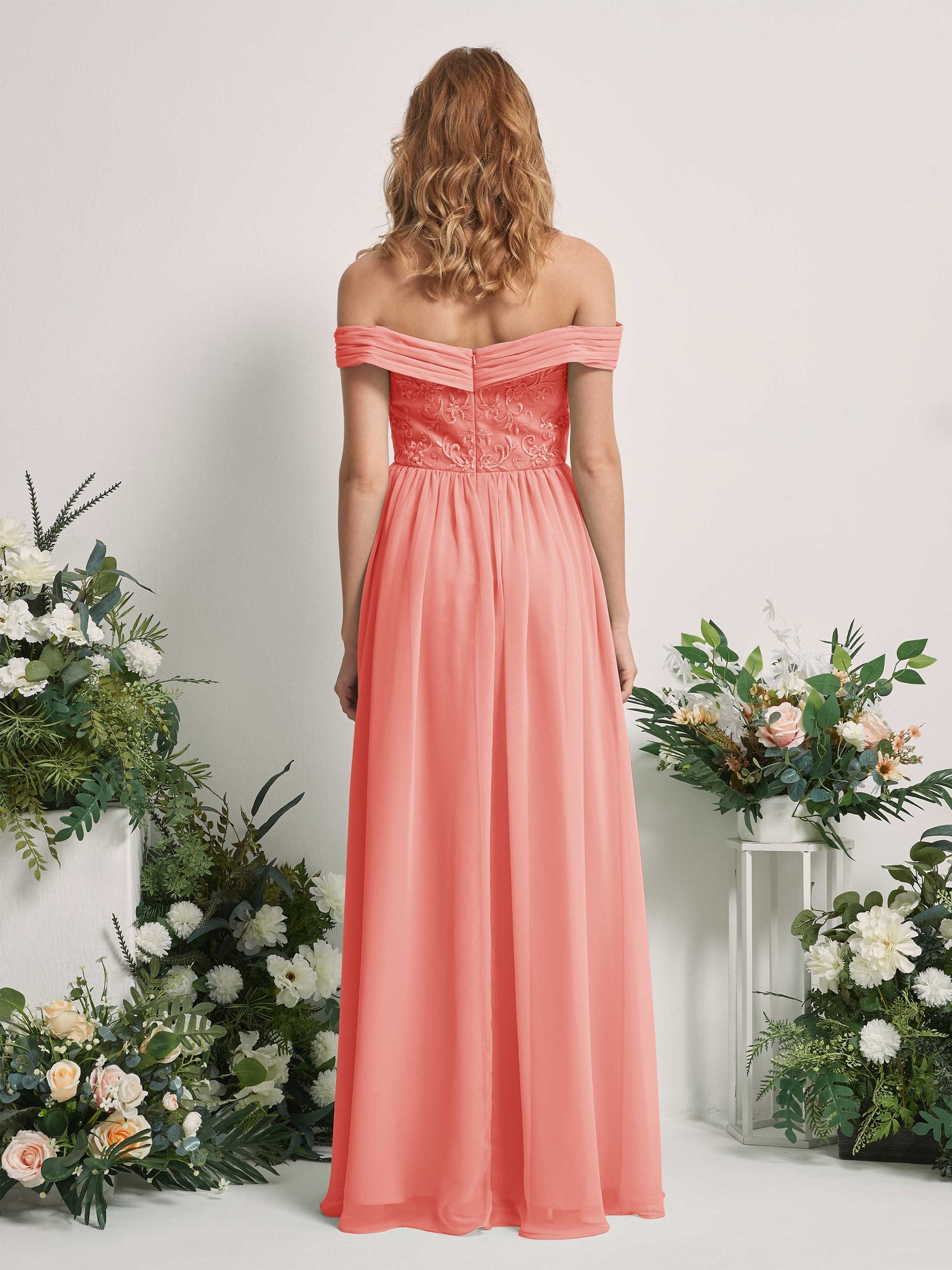 Peach Pink Bridesmaid Dresses Ball Gown Off Shoulder Sleeveless Chiffon Dresses (83220429)#color_peach-pink