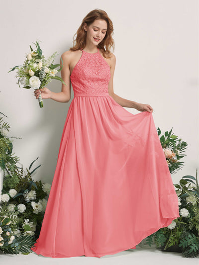 Carlyna Denise A-Line Coral Pink Embroidered Bridesmaid Dress Maxi Sleeveless Round Neck Dress Front View #color_coral-pink