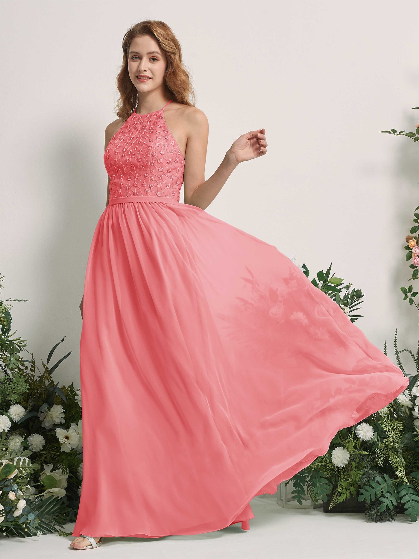 Coral Pink Bridesmaid Dresses A-line Halter Sleeveless Chiffon Dresses (83220830)#color_coral-pink