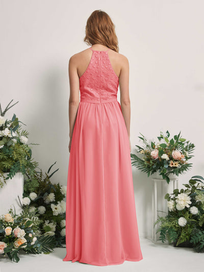 Carlyna Denise A-Line Coral Pink Embroidered Bridesmaid Dress Maxi Sleeveless Round Neck Dress Back View #color_coral-pink