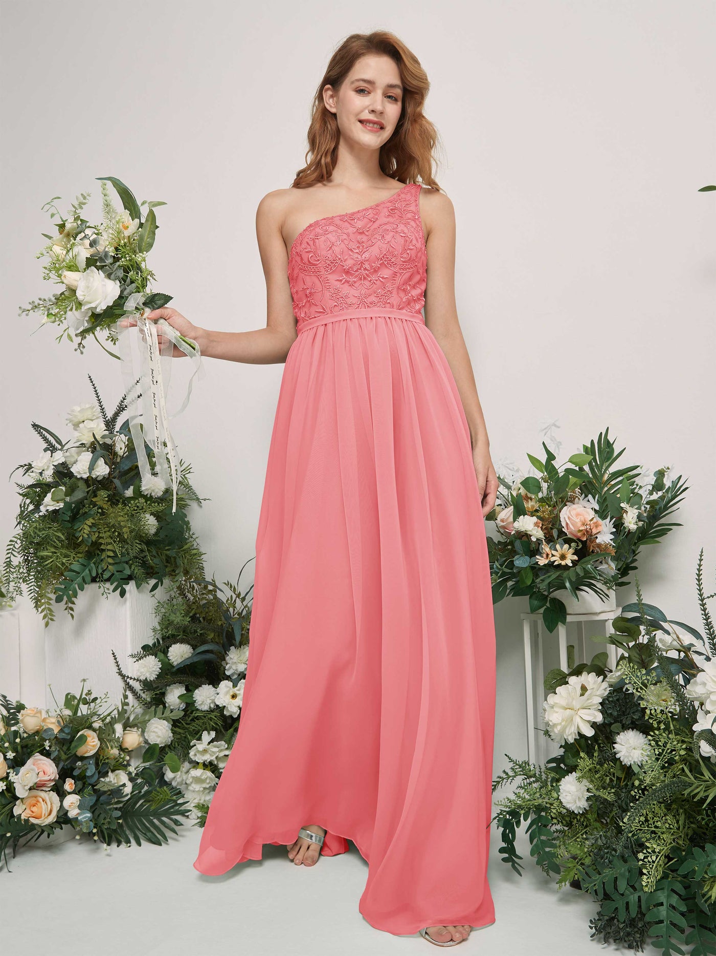 Coral Pink Bridesmaid Dresses A-line Open back One Shoulder Sleeveless Dresses (83220530)#color_coral-pink