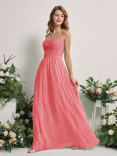 Carlyna Ursula A-Line Coral Pink Beaded Bridesmaid Dress Maxi Sleeveless Sweetheart Dress Side View 2 #color_coral-pink